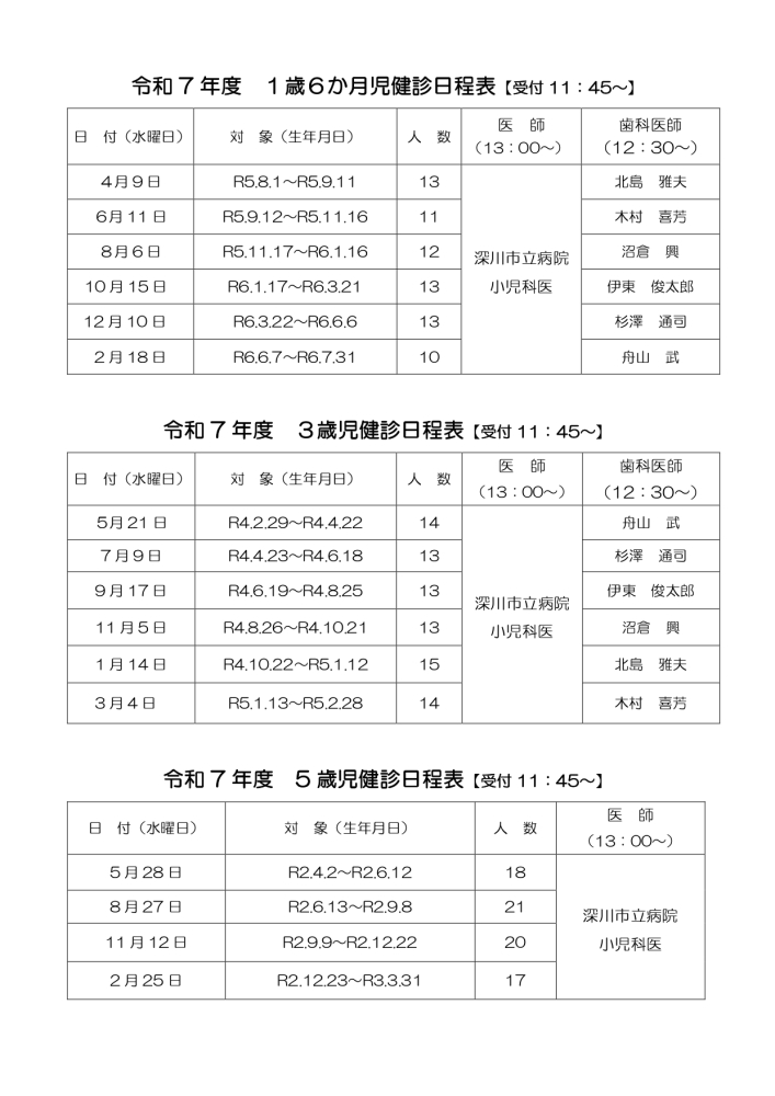 令和7年度 乳幼児健康診査日程表