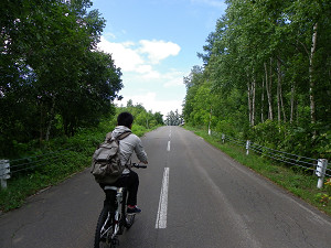 木々の中を自転車で走行する写真