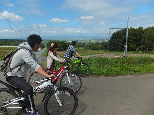 景色を楽しみながらサイクリングをする様子の写真